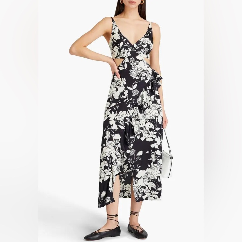 Maje Ruffled cutout floral-print satin midi dress size US 8 = FR 40
